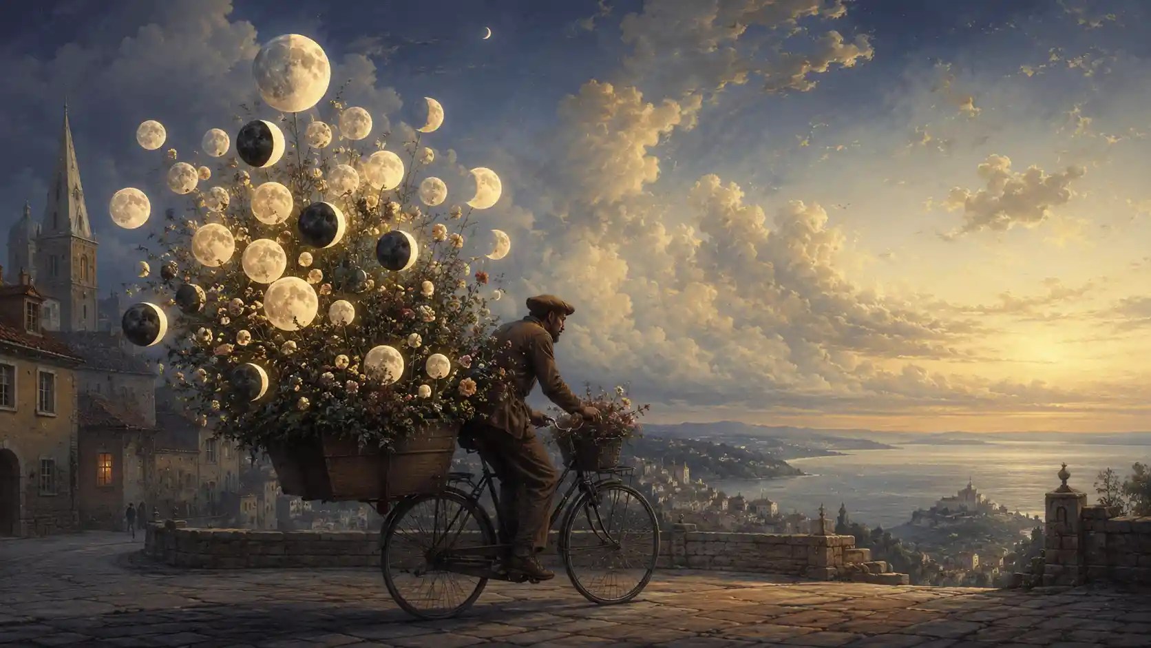 Florist Cycling A Delivery Bicycle Under Vast Dreamlike Skies