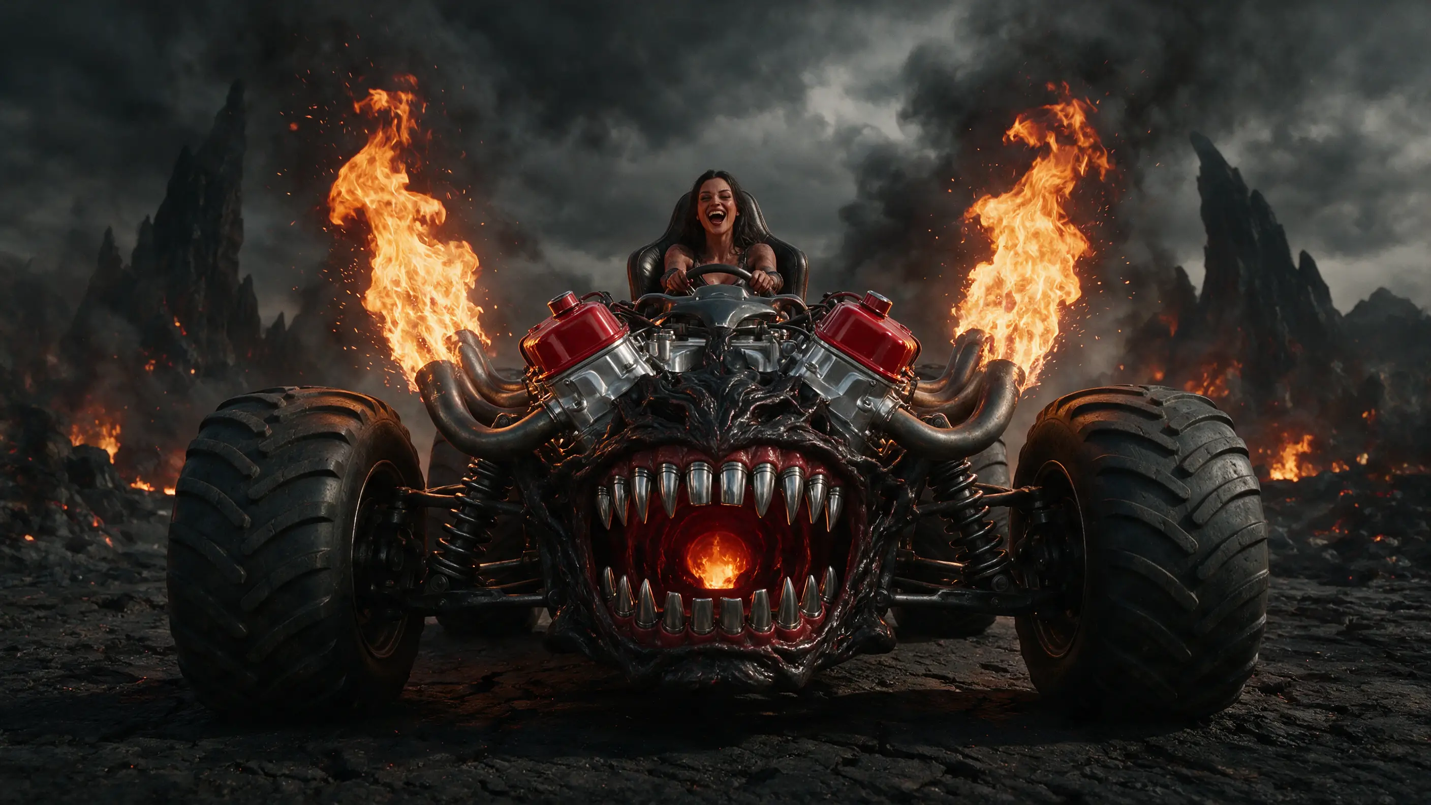 Possessed V8 engine with laughing demon driver
