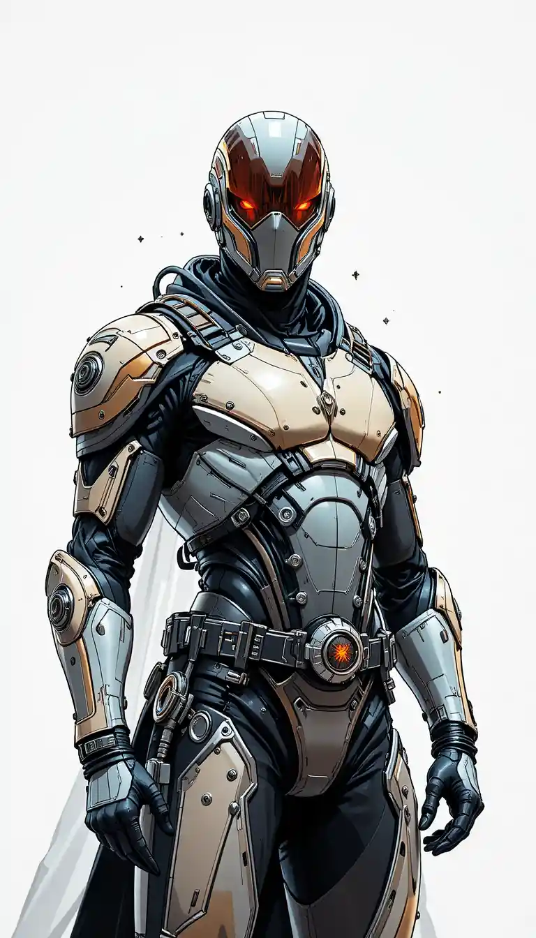 Futuristic space pirate in high tech armor on white background