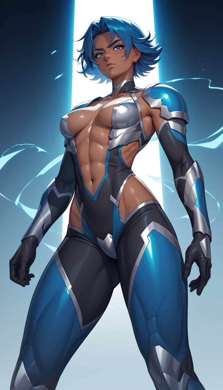 Anime warrior woman in sleek bodysuit armor posing confidently