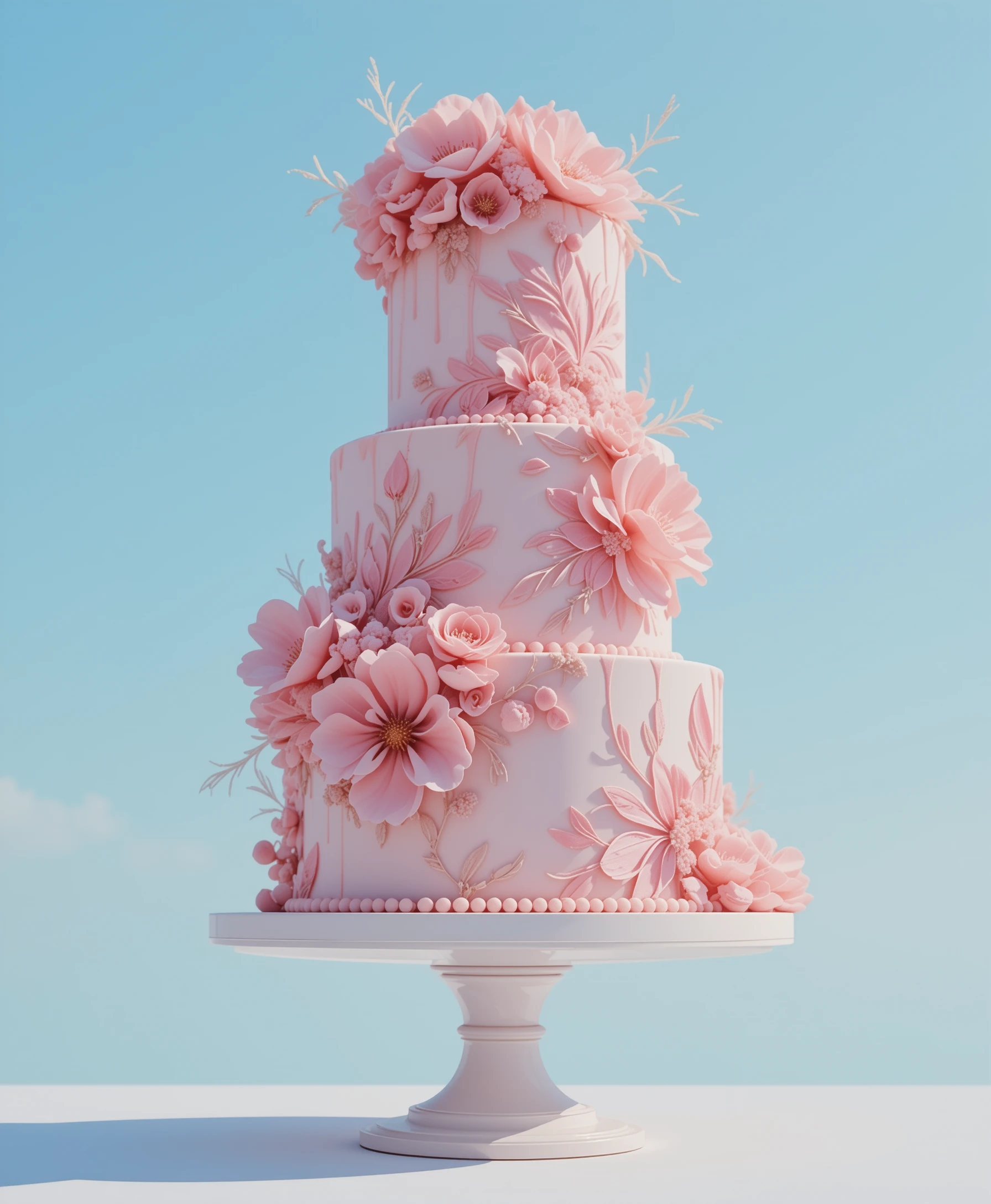 Elegant pink floral cake against clear blue sky