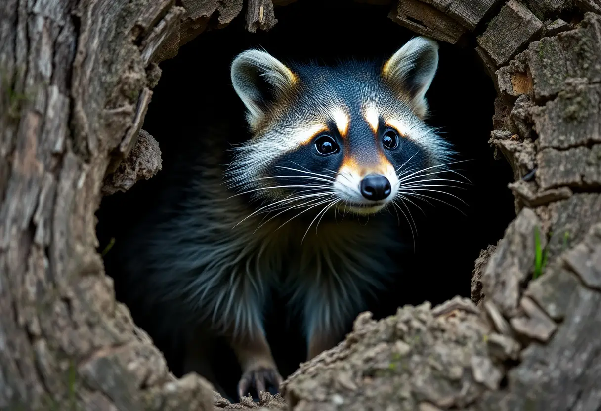 Curious raccoon peeking from a weathered wooden hollow
