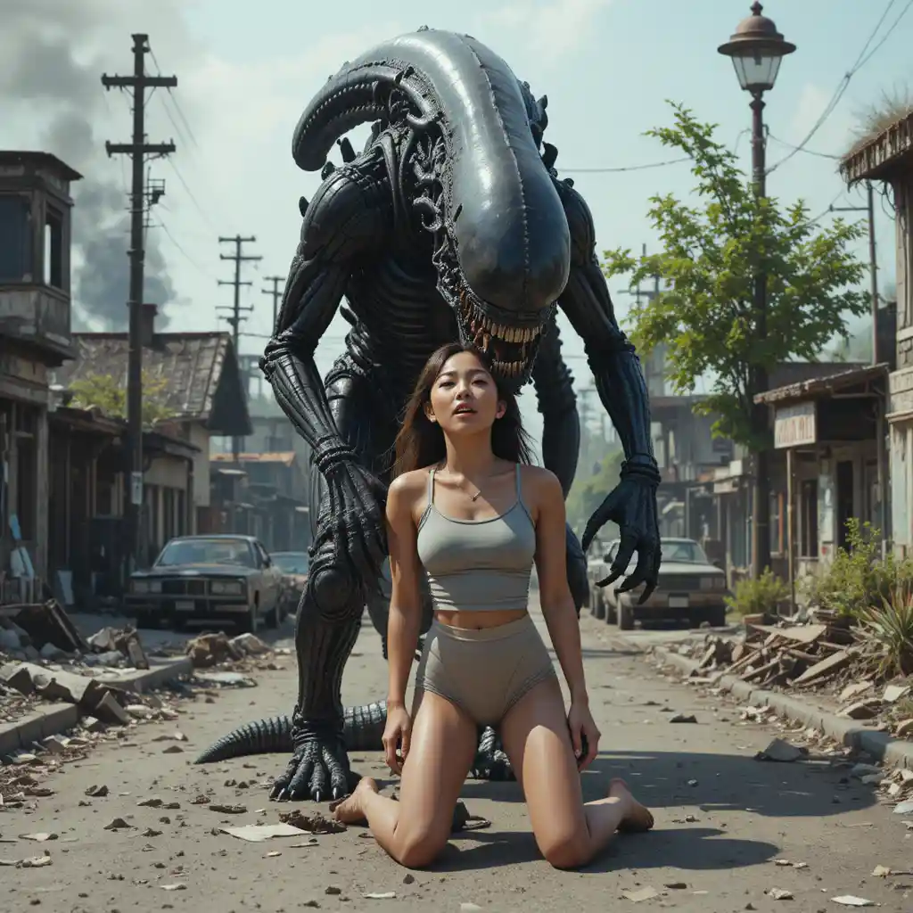 Giant alien monster attacking woman on ruined city street