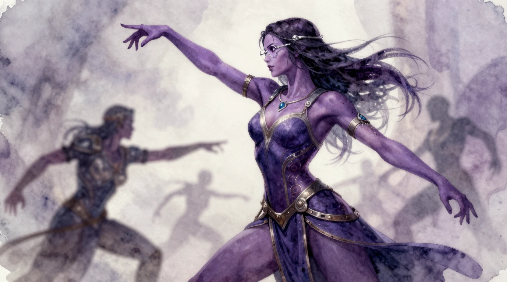 Tall violet skinned warrior woman in silver spectacles