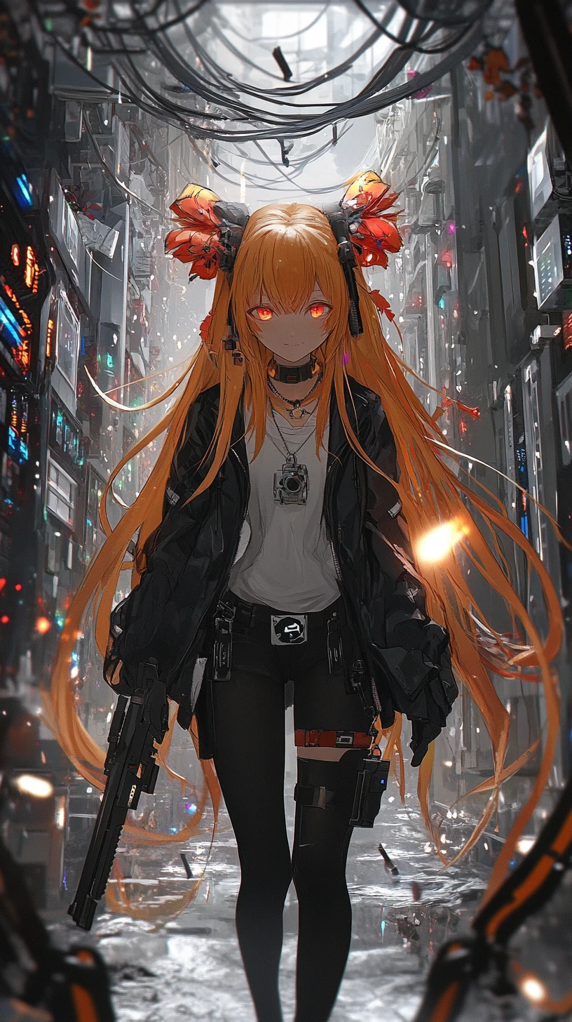 Armed anime girl walking through a dark server room