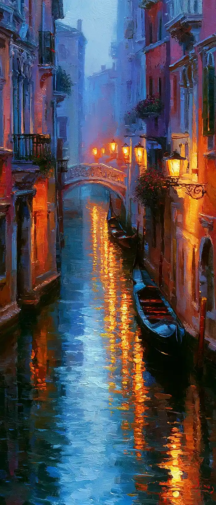 Romantic Venetian canal with gondolas at twilight glow