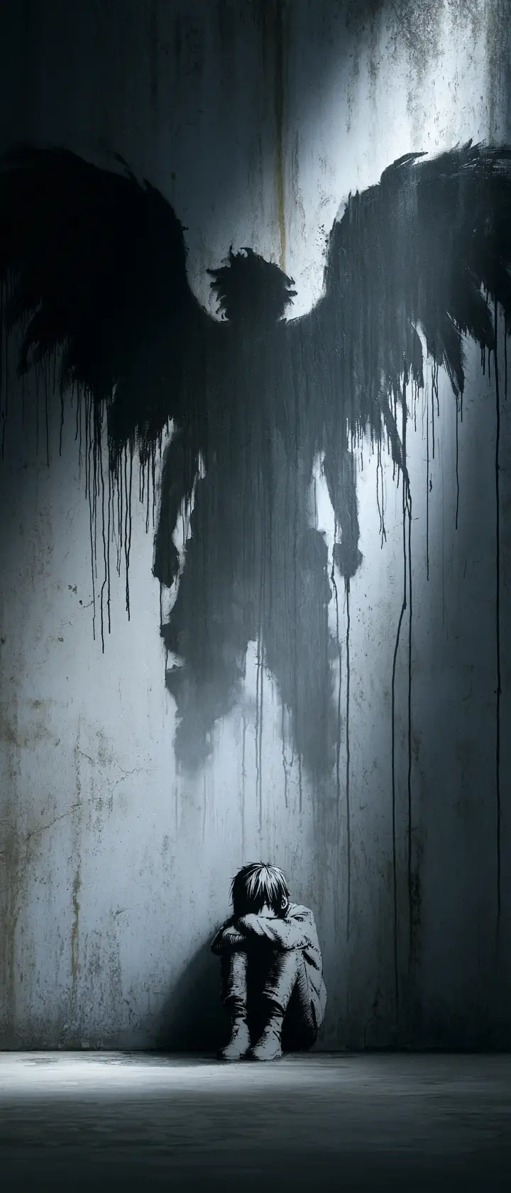 Anime girl shadow transforming into heroic winged figure