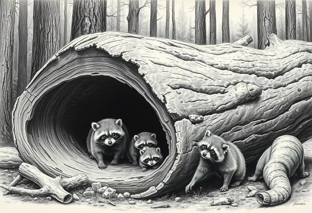 Allegra famiglia di procioni attorno a un tronco cavo caduto nella foresta