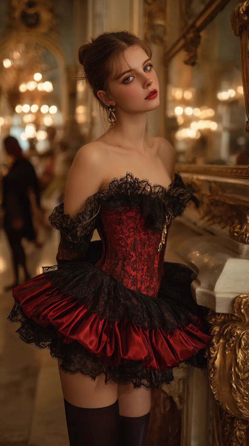 Elegant woman in red lace dress walking through palace