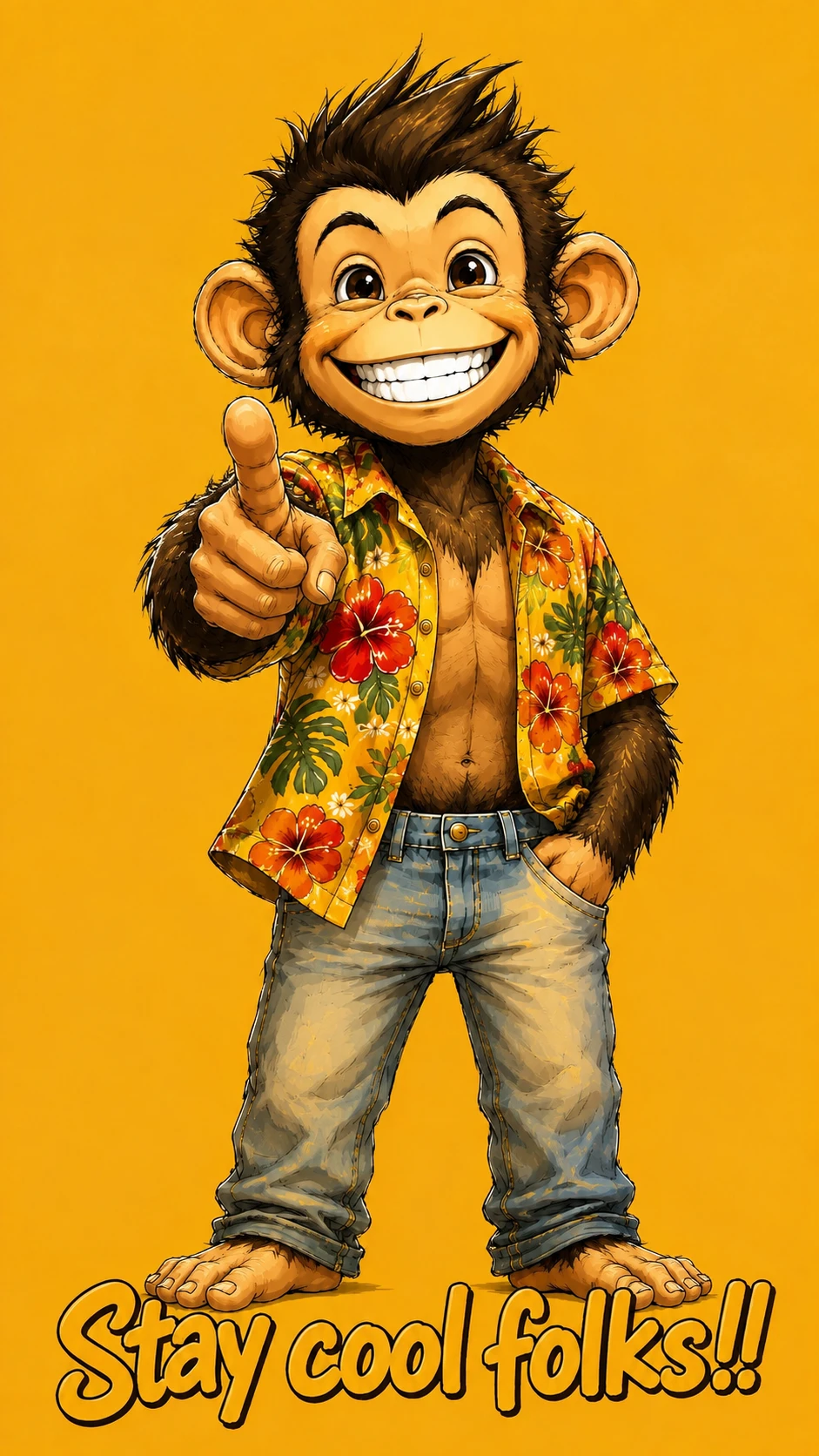 Smiling cartoon monkey in Hawaiian shirt pointing at viewer