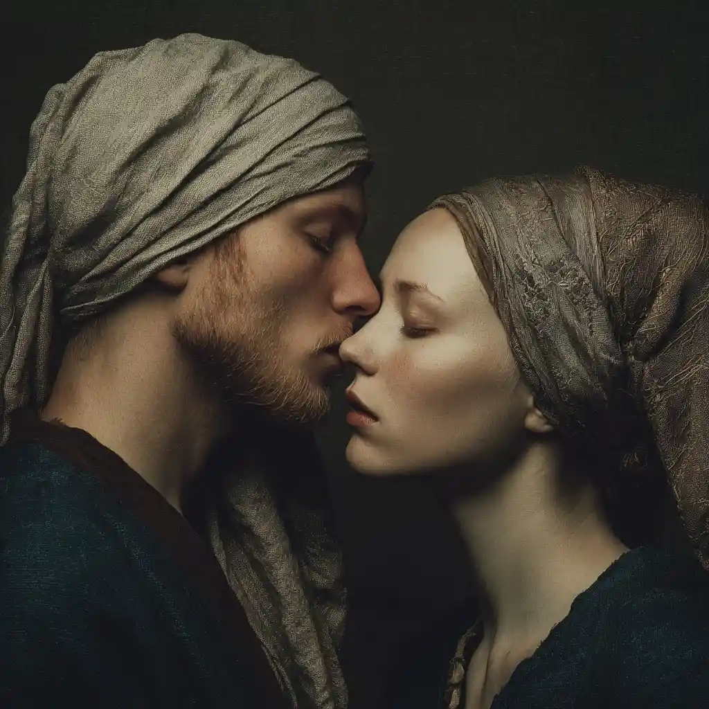 Romantic couple portrait in renaissance inspired fashion setting