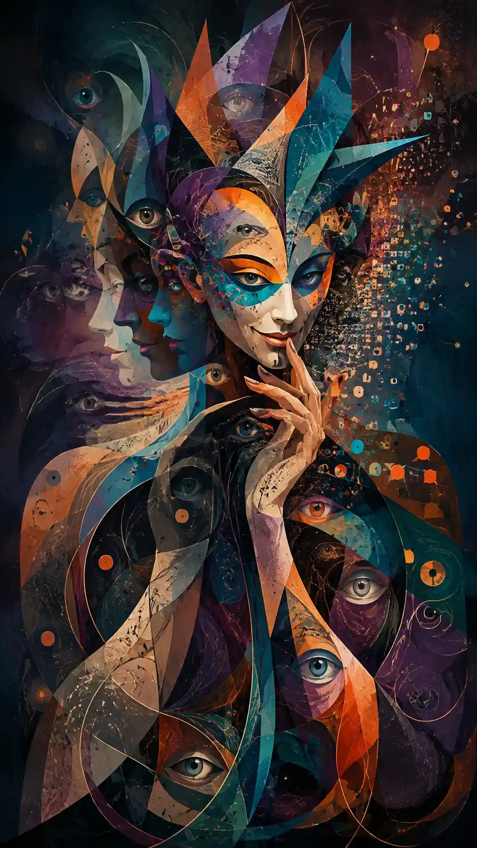 Abstract trickster figure in layered surreal silhouettes