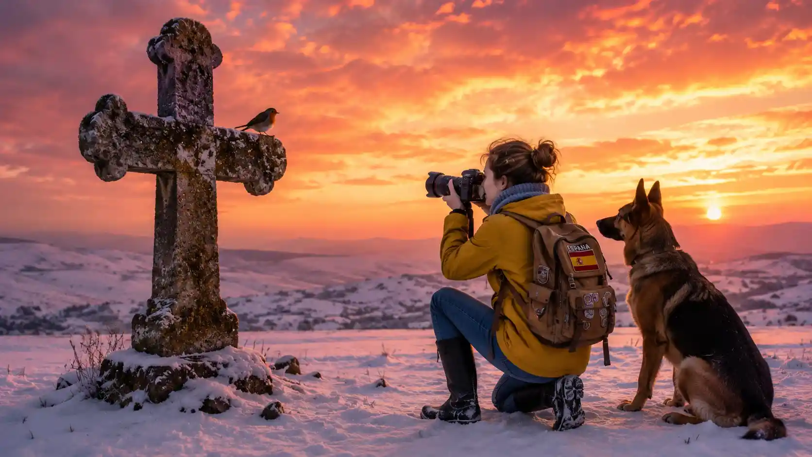 Girl photographing a robin on an ancient stone cross at sunset