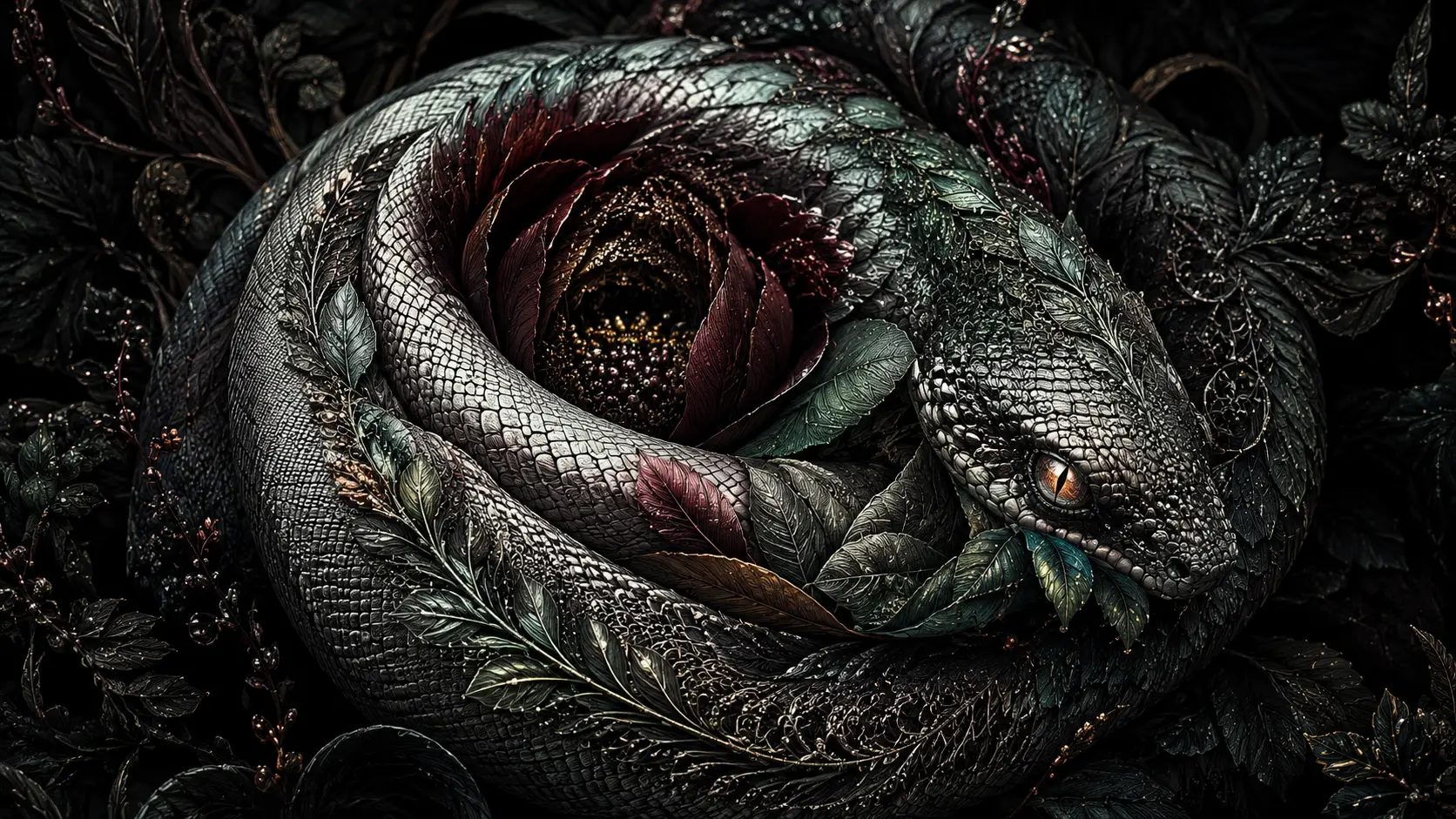 Serpent Blossoming Into Dark Botanical Flower Illusion