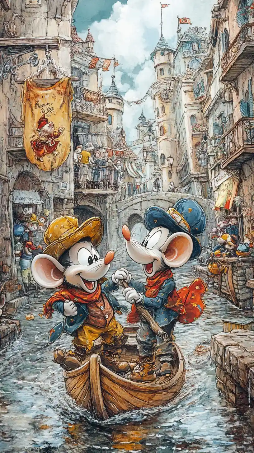 Cartoon mouse characters exploring a colorful city scene