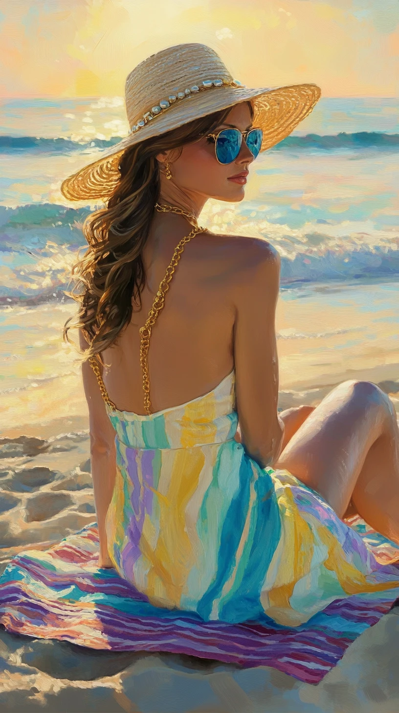 Elegant woman on striped towel at glowing beach sunset