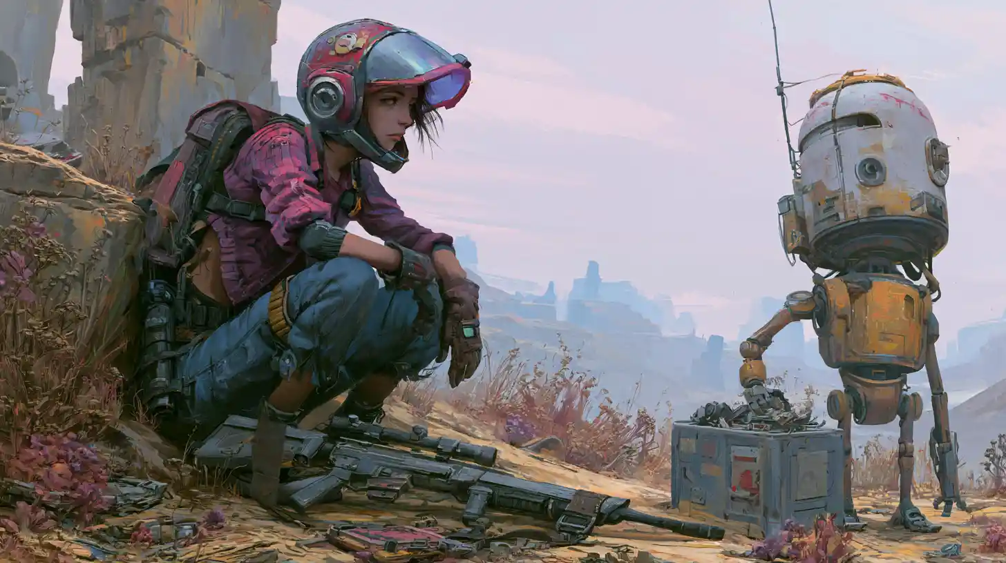 Femme armée et droïde fouillant une ville en ruines dans un désert post-apocalyptique