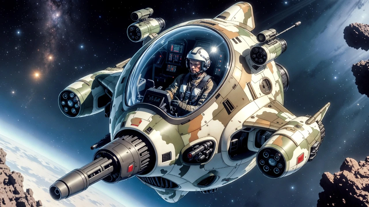Spherical single seat space fighter with visible pilot