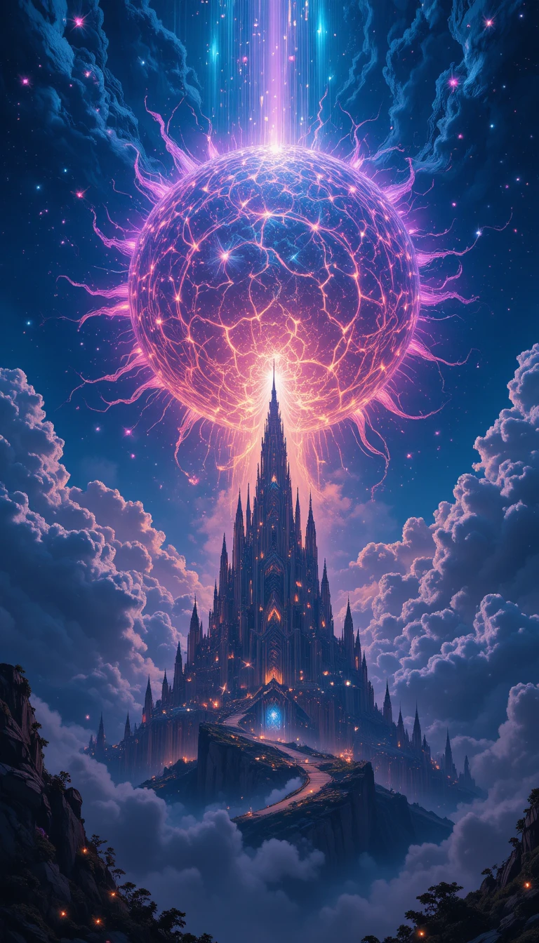 Surreal fantasy city beneath a dark eclipsed sun