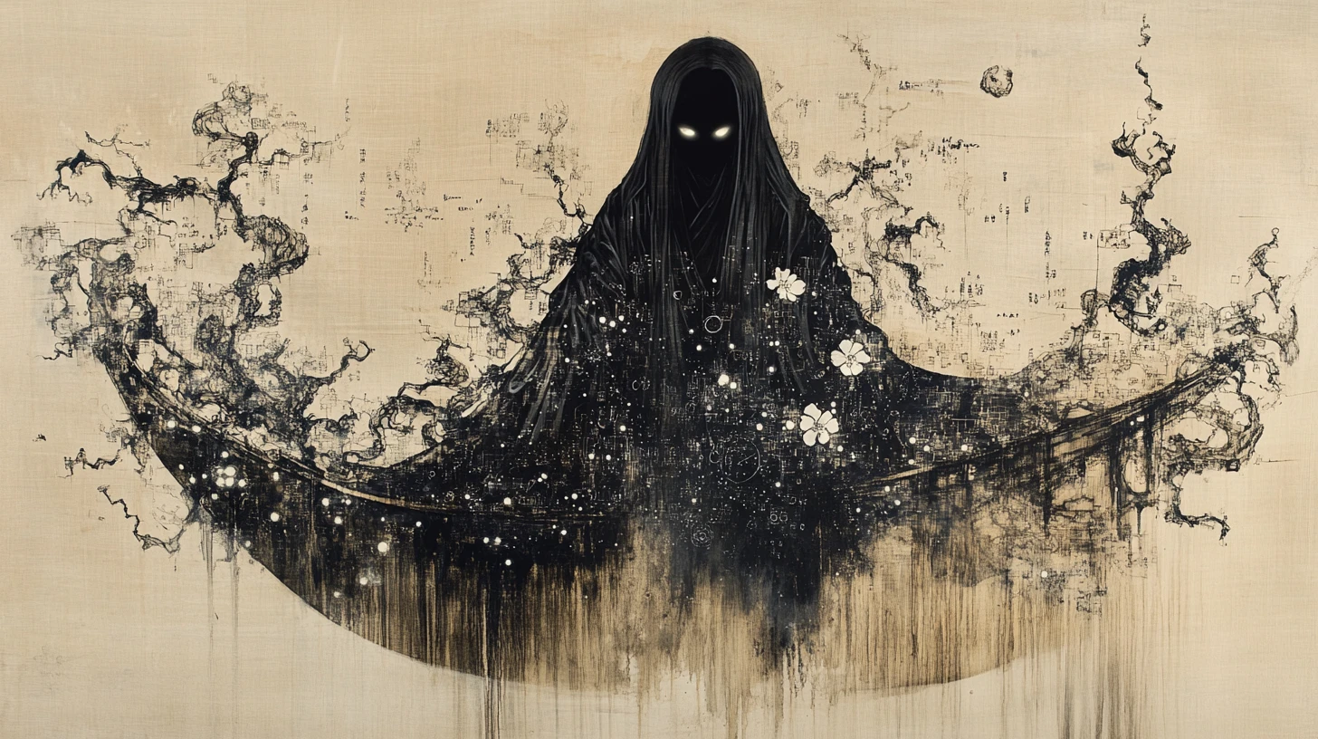 Elegant ink psychopomp emerging from sweeping sumi e brushstrokes