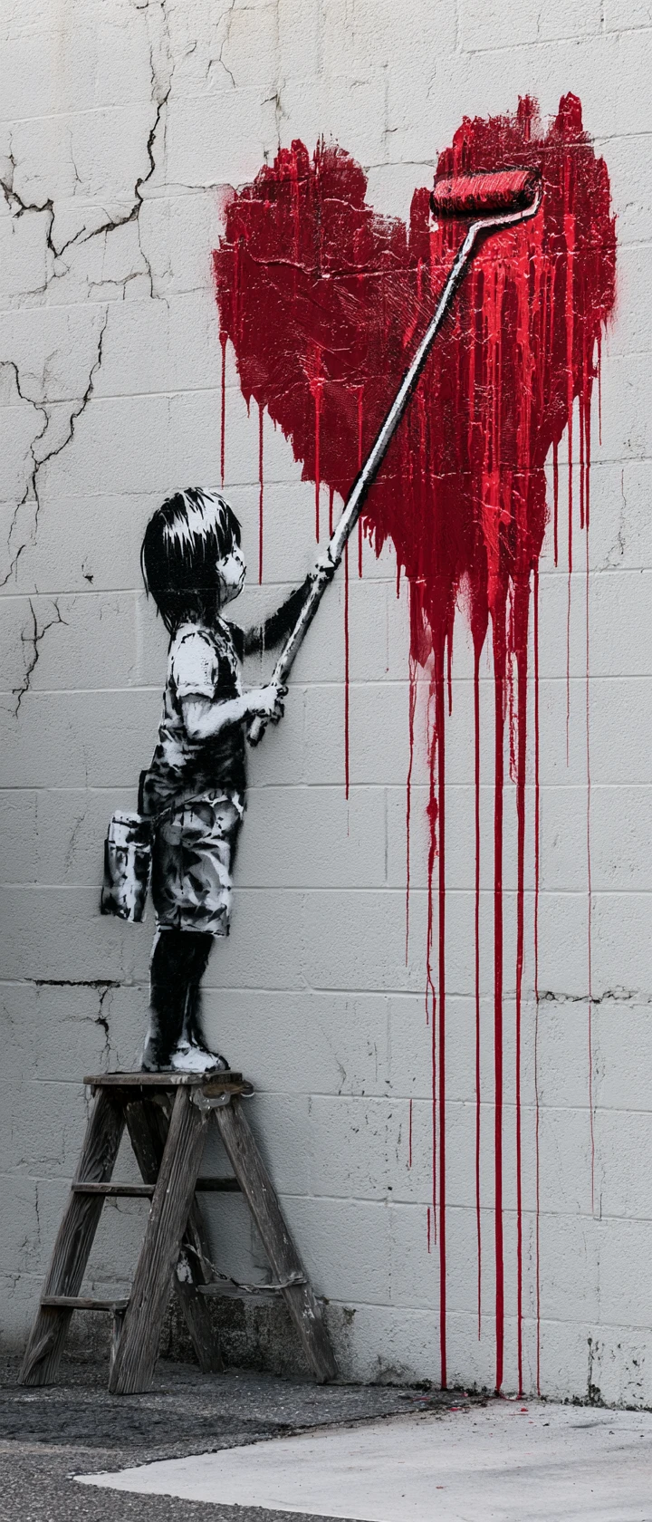 Anime street art figure painting a dripping crimson heart