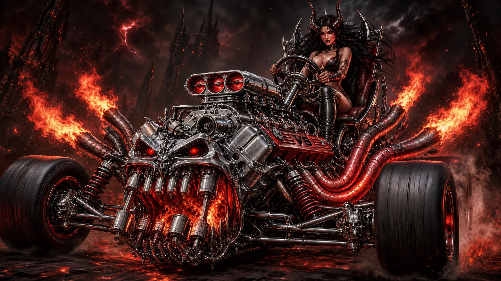 Demonic hot rod engine with flaming tires and maw