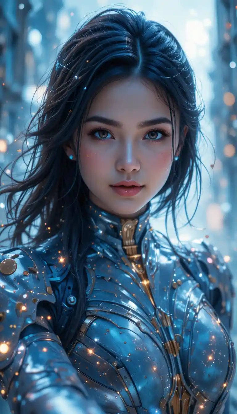 Close up portrait of smiling woman with cyber inspired beauty