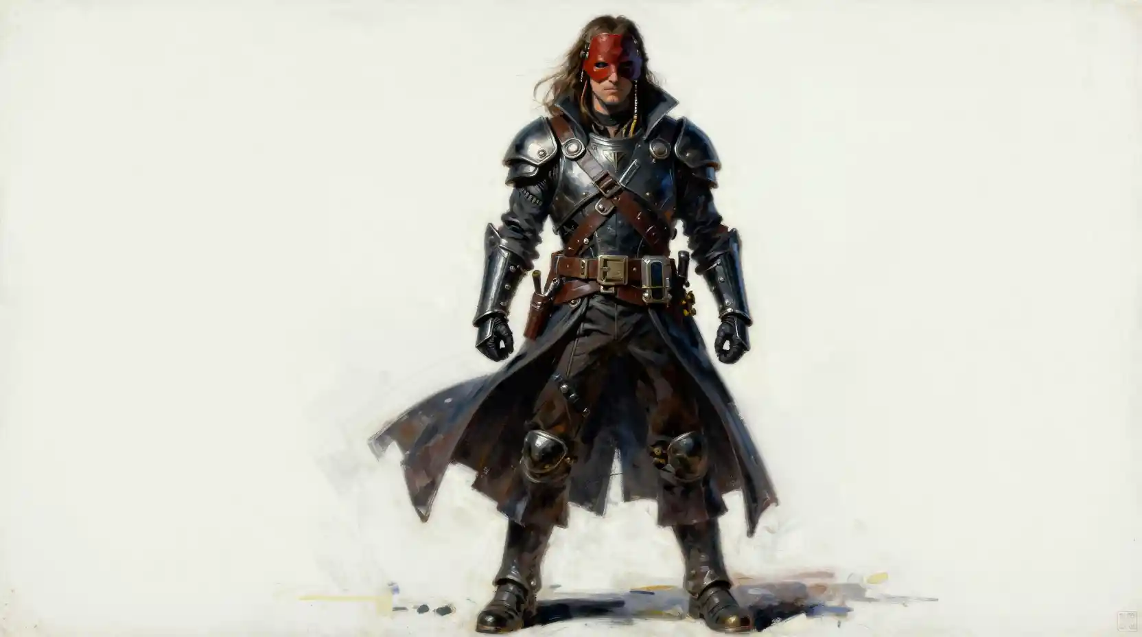 Masked space pirate in futuristic armor on white background