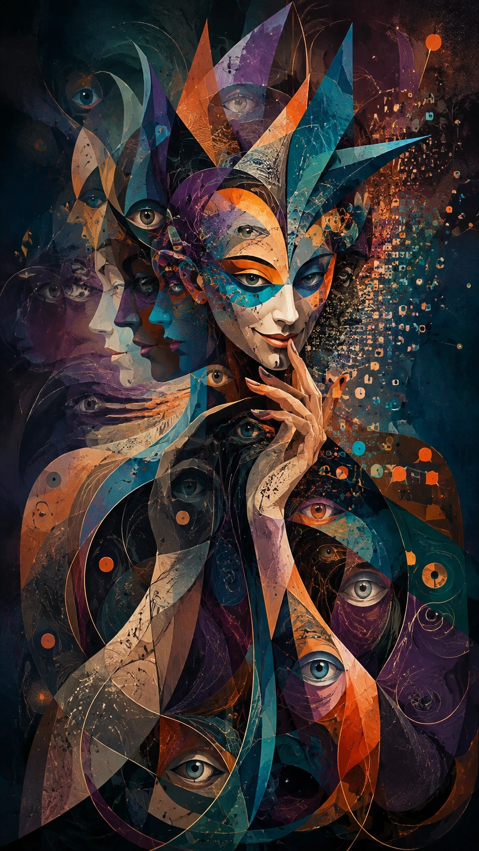 Abstract trickster figure in layered surreal silhouettes