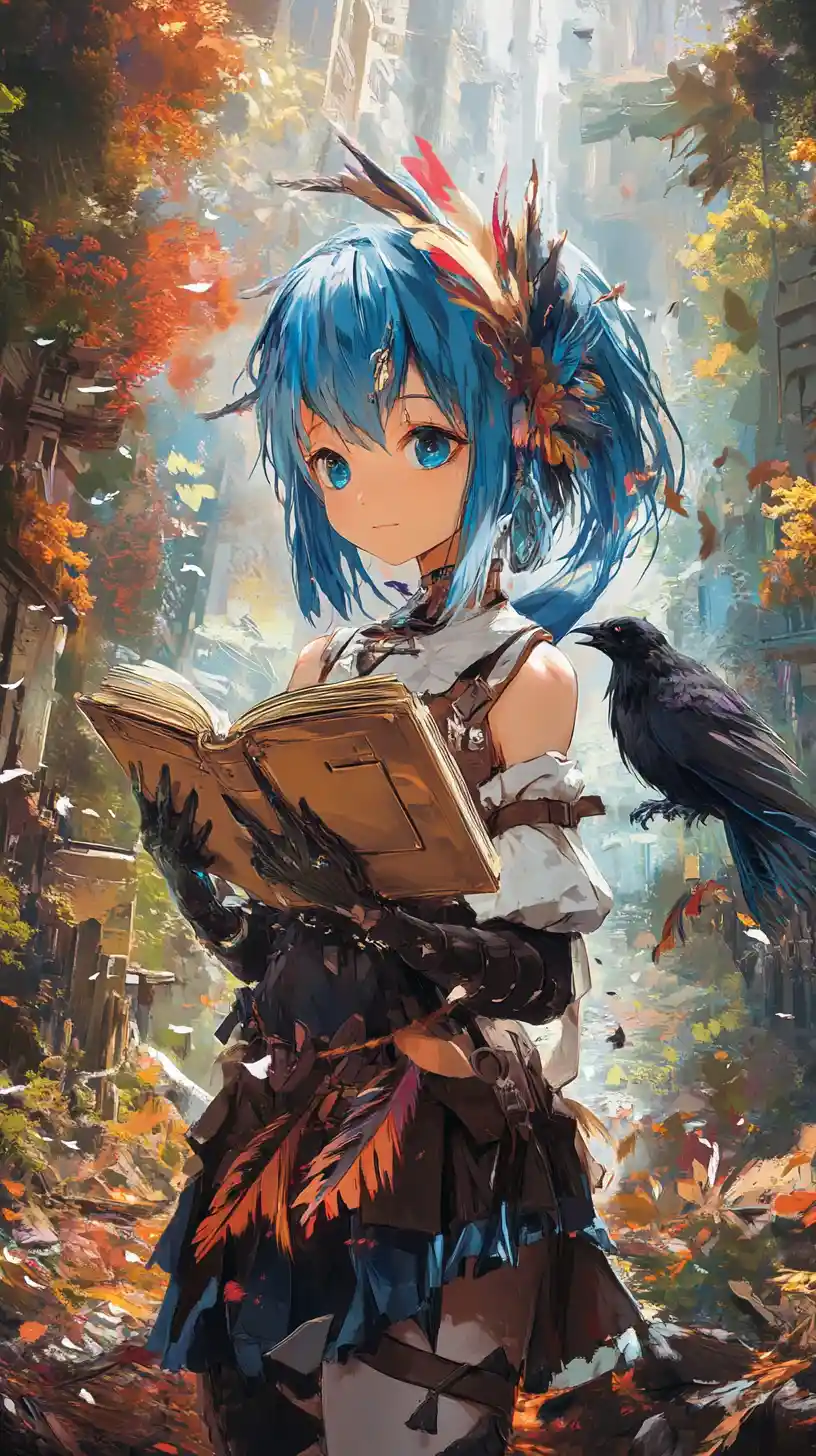 Blue haired anime girl on a golden path in fantasy city