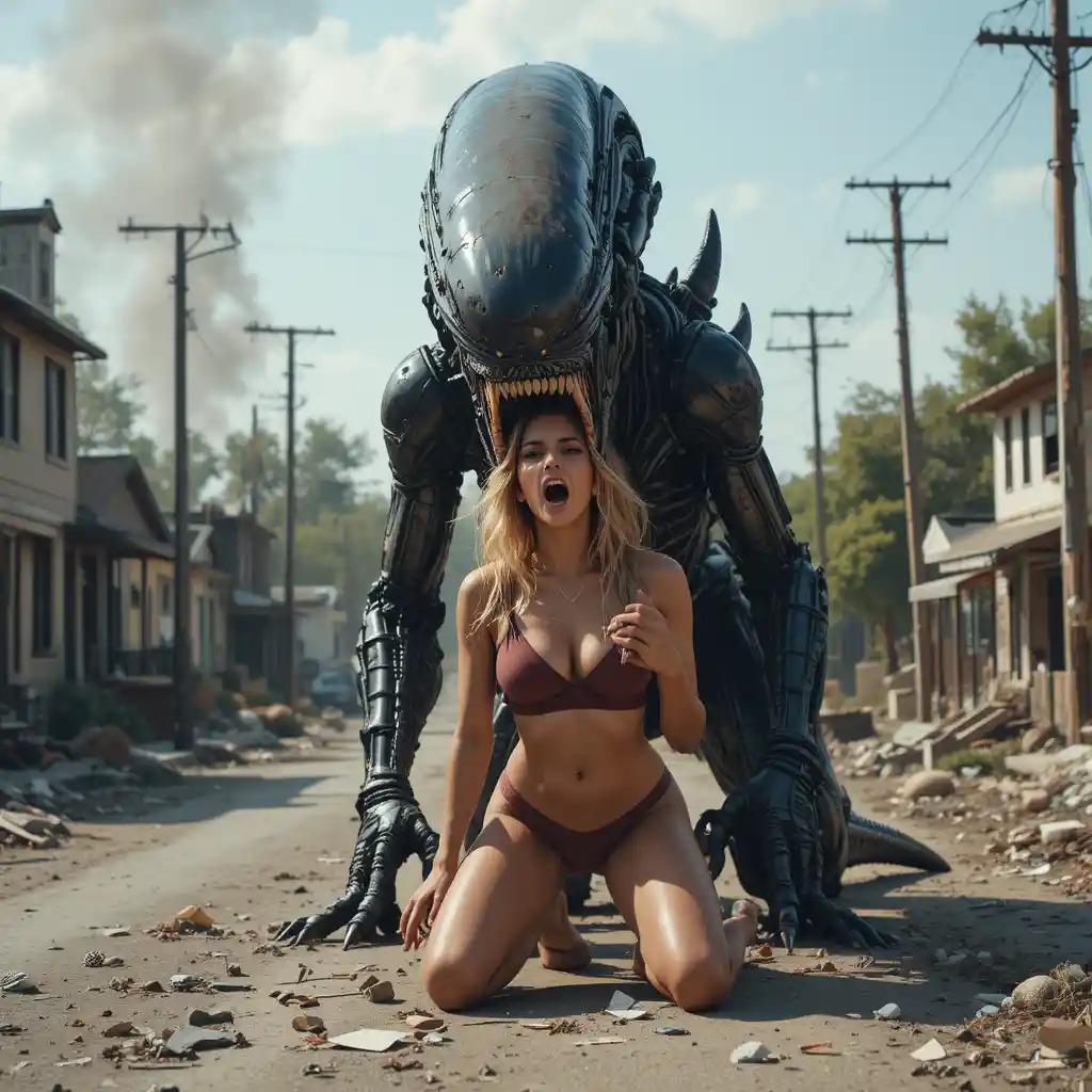 Giant alien monster attacking a terrified kneeling woman