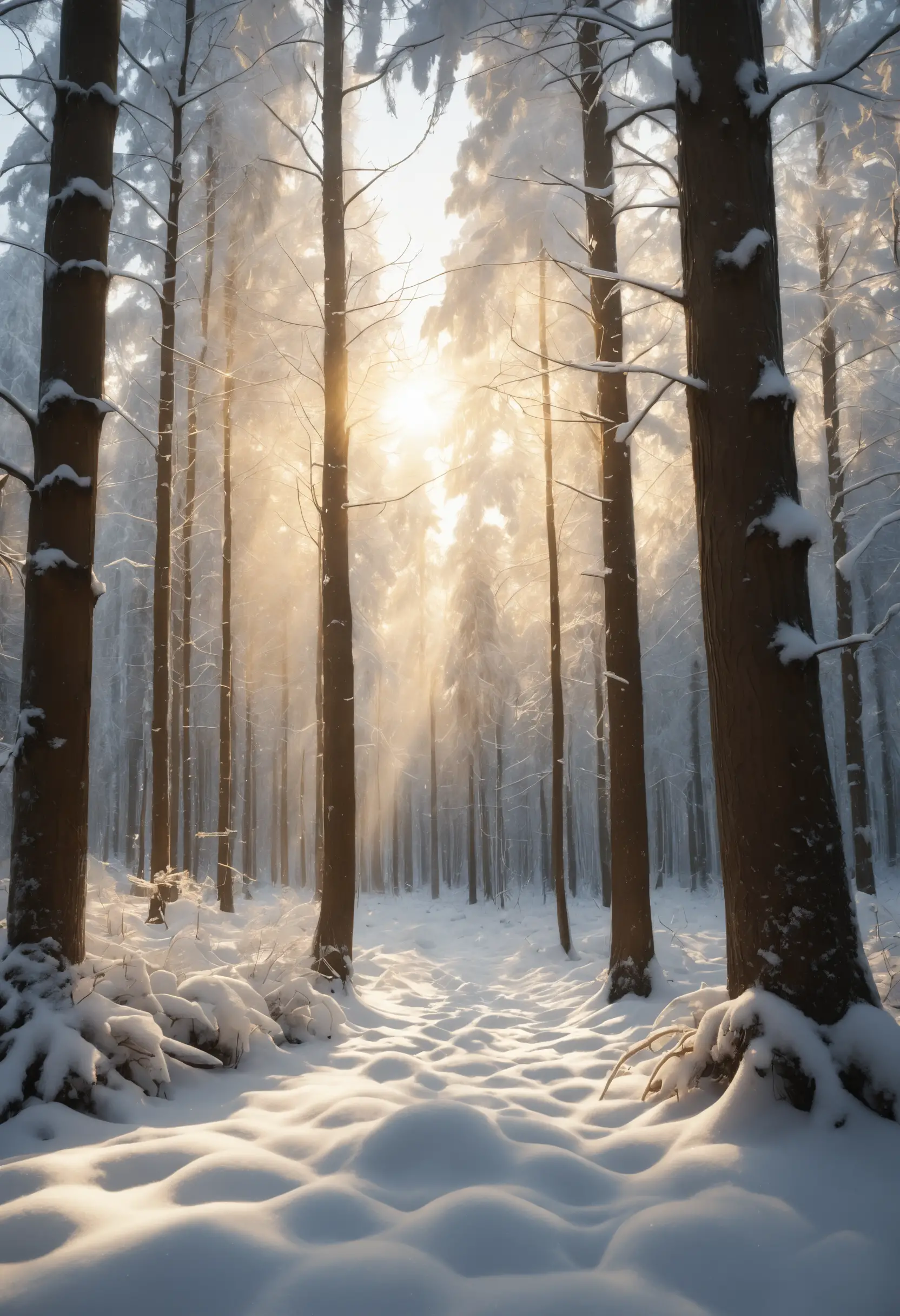 Snowy winter forest glowing in golden hour sunlight