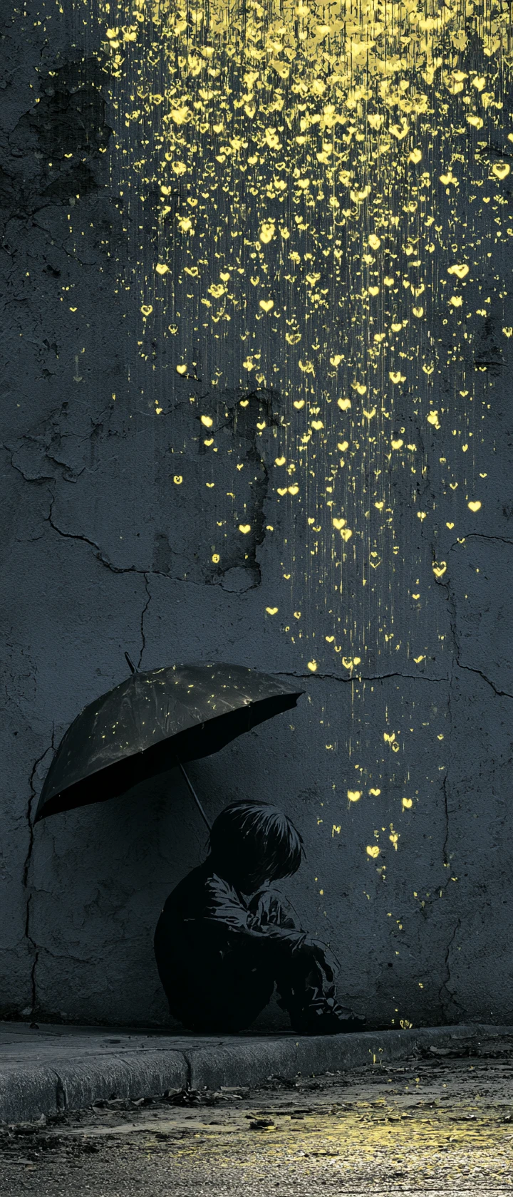 Anime stencil figure under umbrella in neon pixel rain