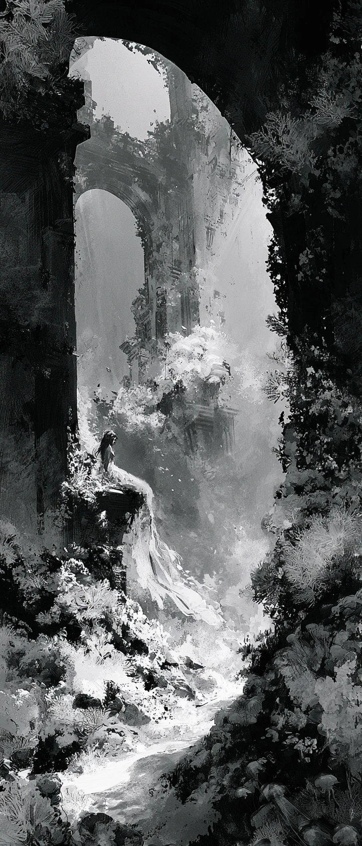 Melancholic mermaid in ancient underwater city ruins