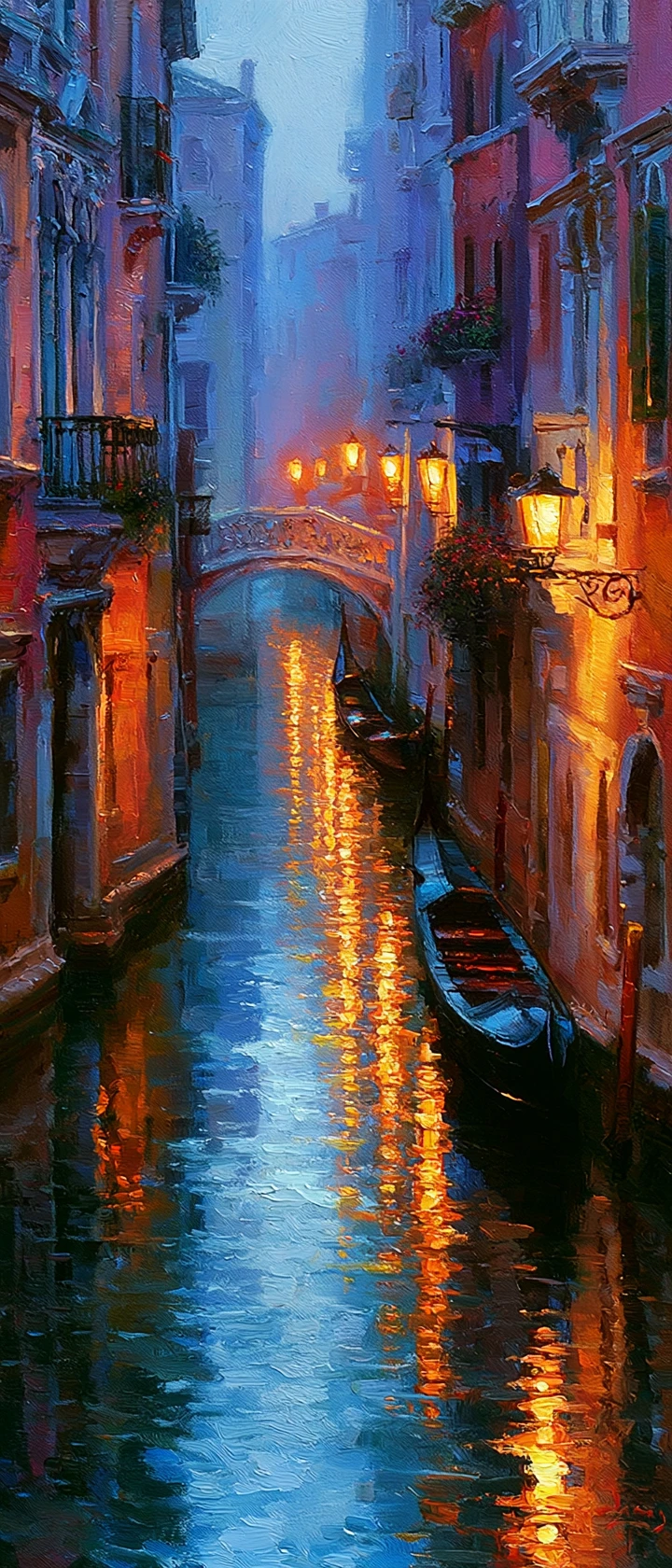 Romantic Venetian canal with gondolas at twilight glow