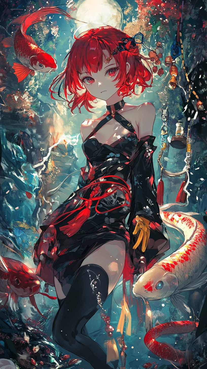Chica de anime con atuendo de carpa koi y dragón en el cielo nocturno