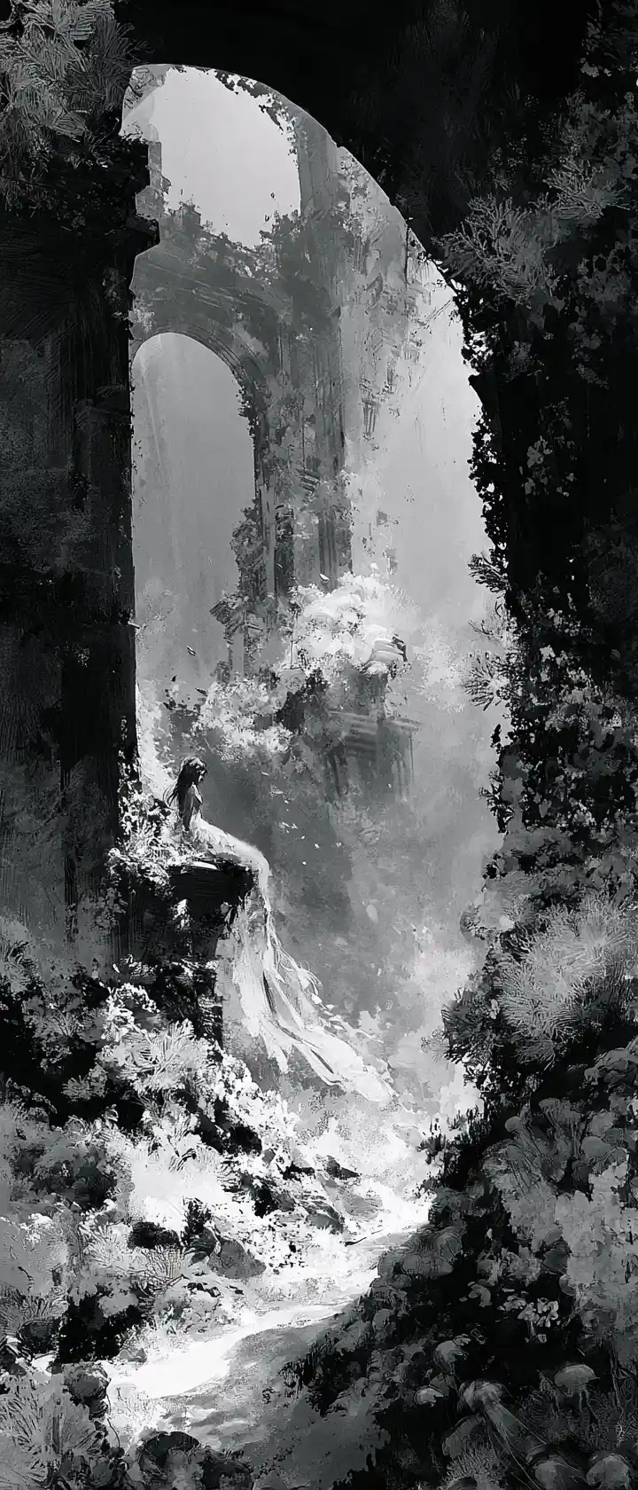 Melancholic mermaid in ancient underwater city ruins