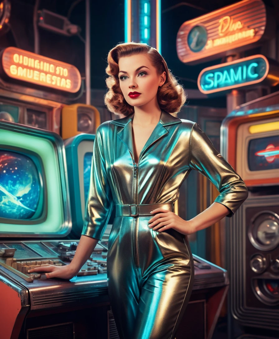 Retro pin up woman in metallic suit with vintage spacecraft