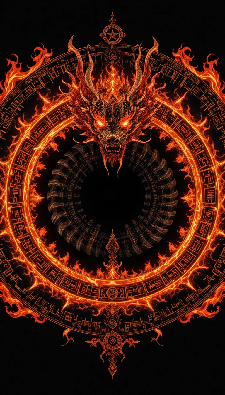 Ancient fire dragon mandala in perfect radial symmetry