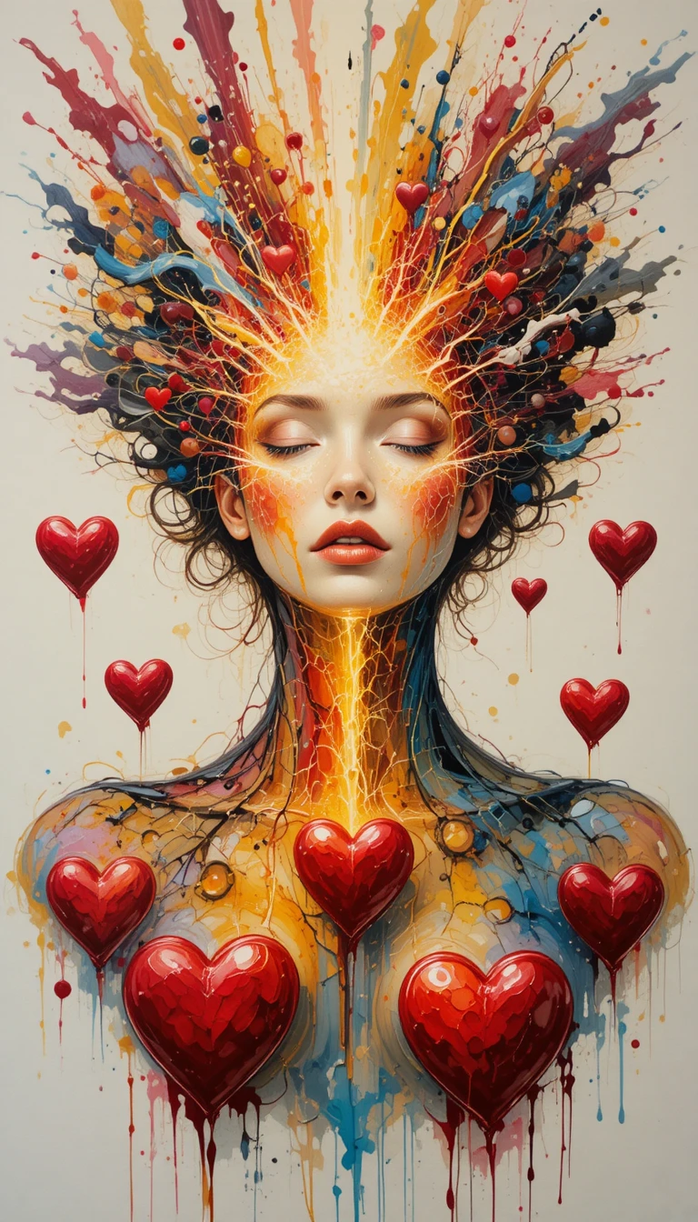 Young woman glowing with radiating hearts and flowing color