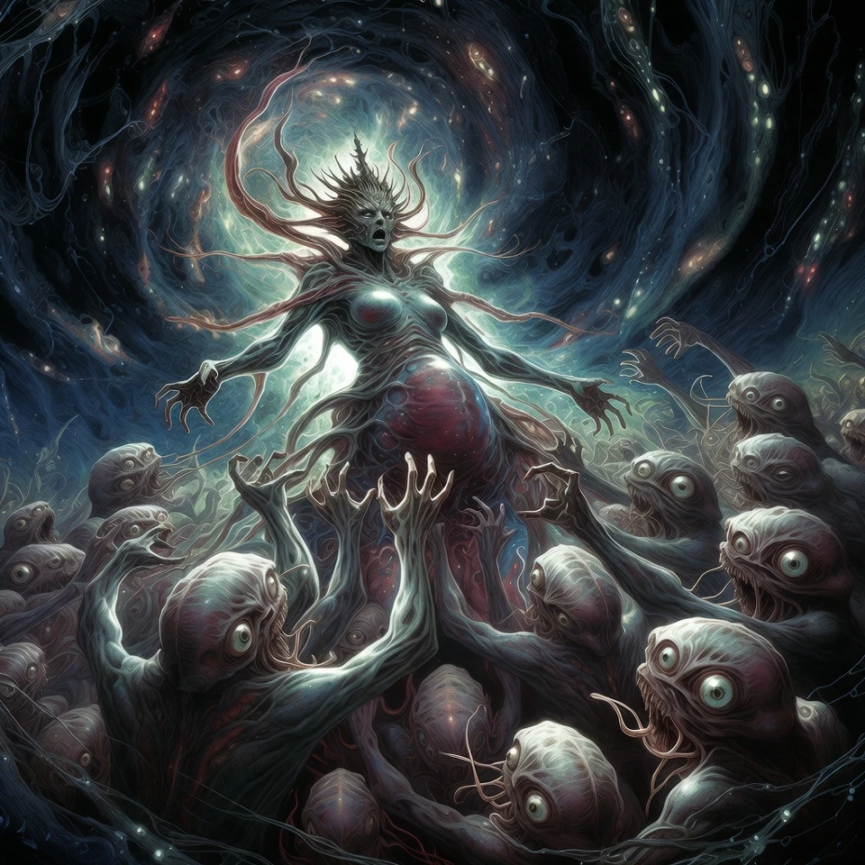 Protozoan goddess rises from a vortex of primordial chaos