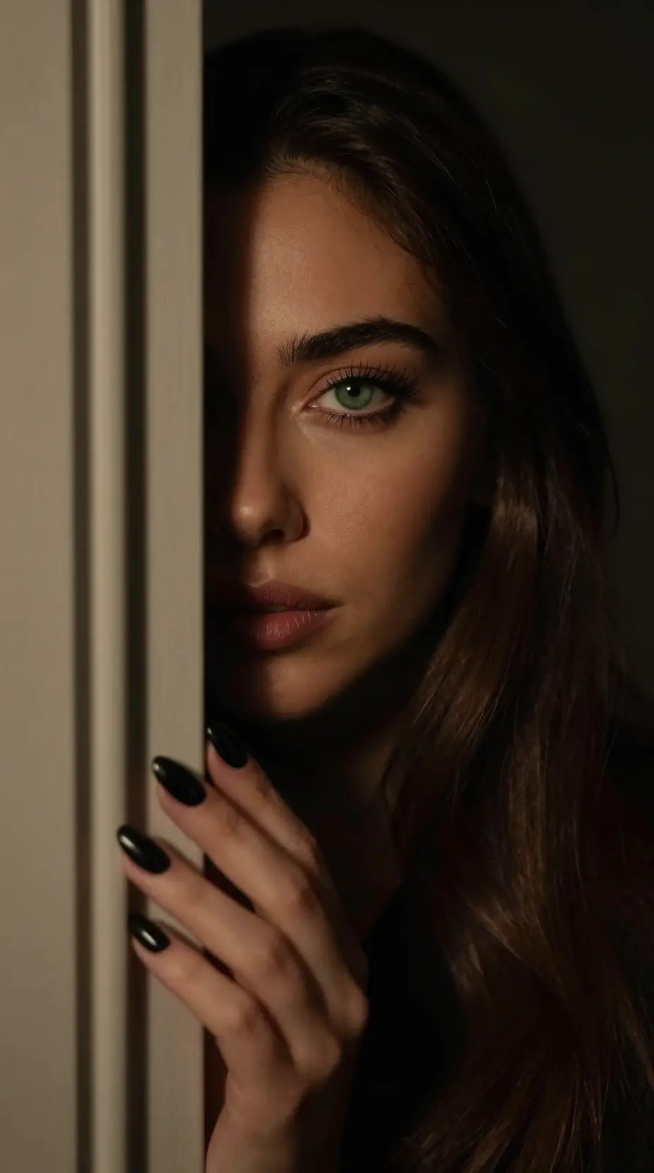 Woman peering through dark doorway in intense close up portrait