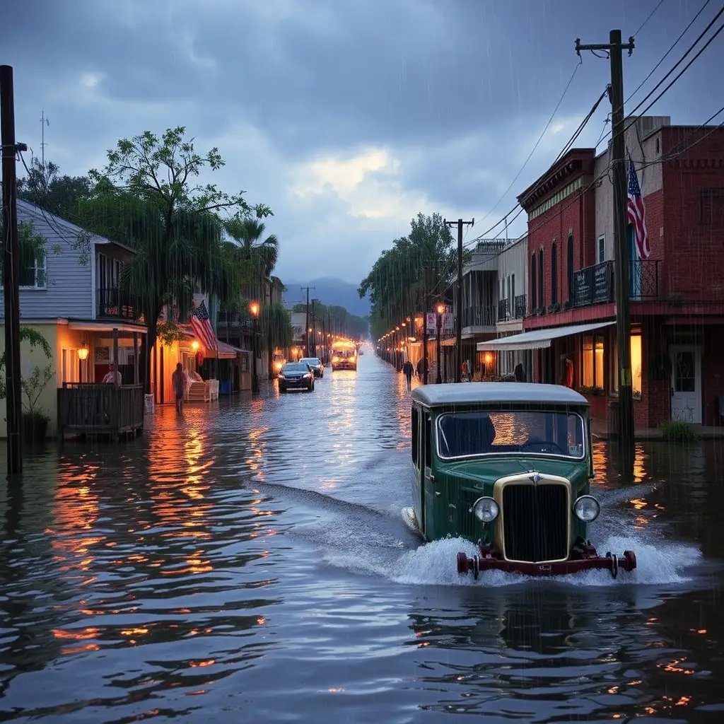 Flooded Louisiana town under heavy rain and rising river