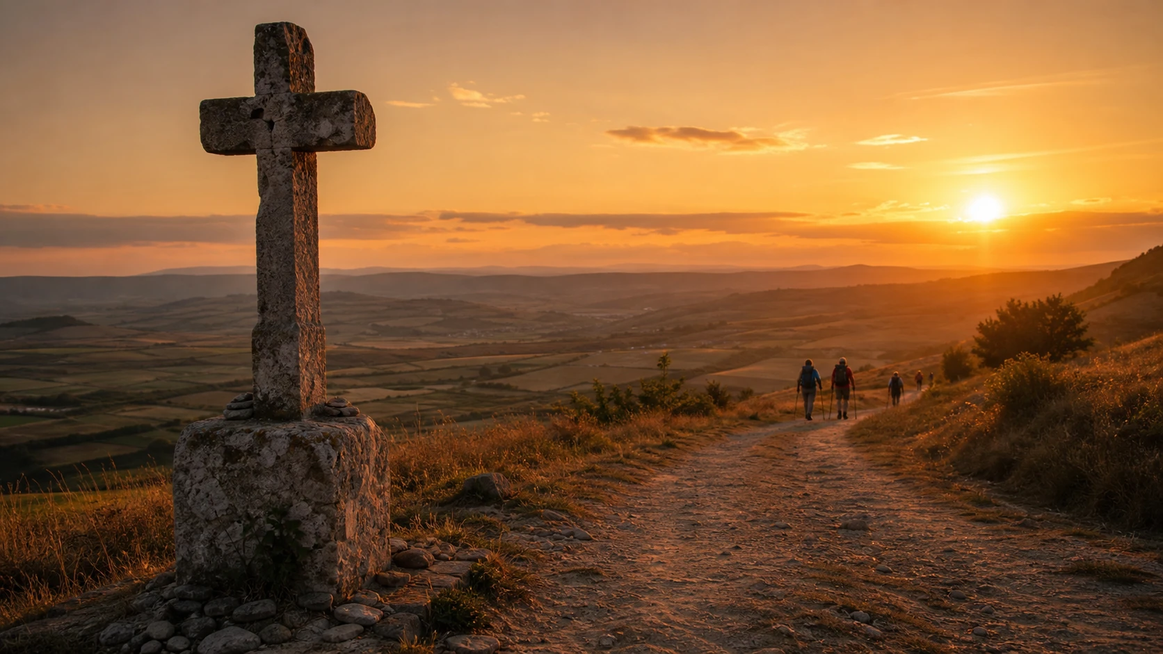 Stone cross by a forest path at golden sunset