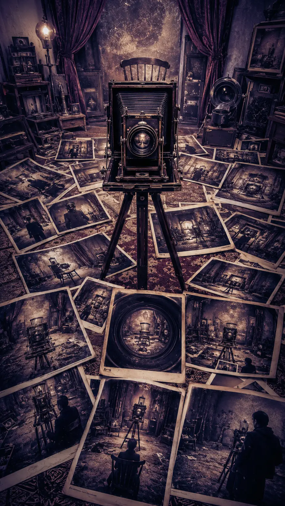 Vintage camera in an empty studio with scattered surreal photos