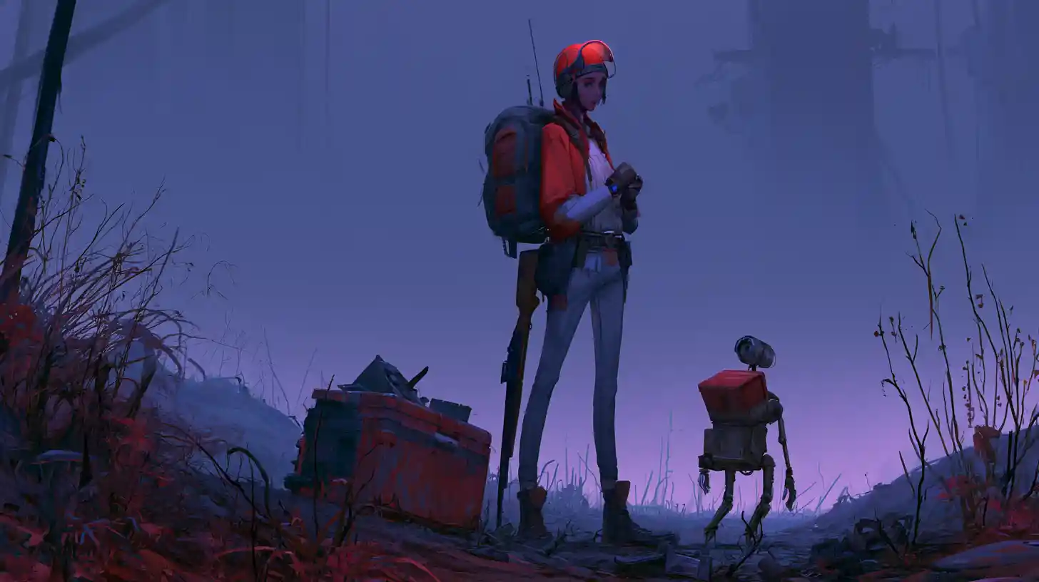 Armed scavenger woman and droid in post apocalyptic ruins