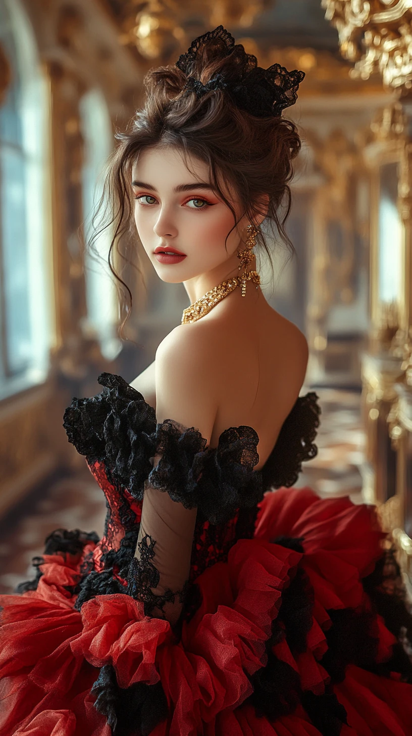 Elegant woman in lace dress walking through a grand palace