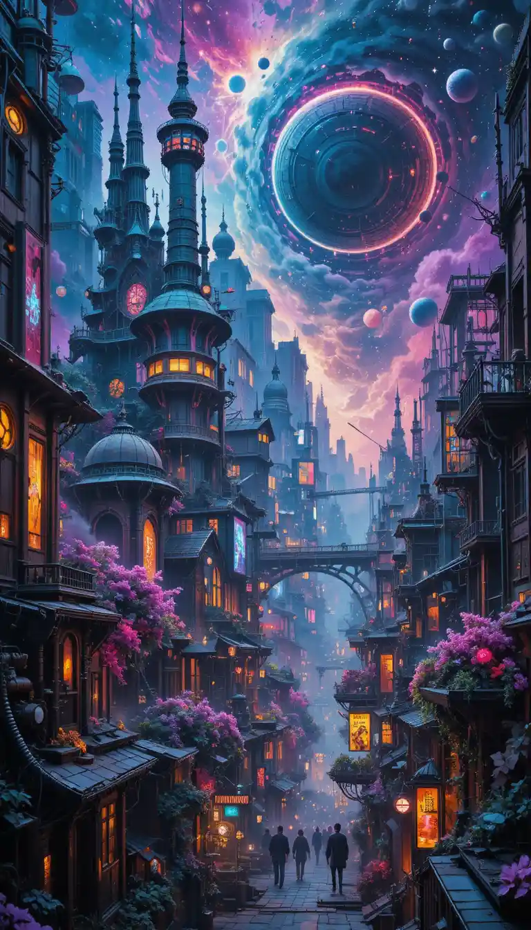Vibrante ciudad steampunk con luces de neón y cielo cósmico