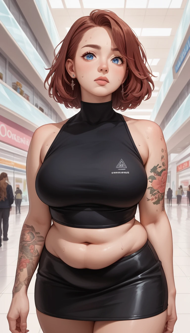 Sultry anime woman in black outfit at indoor mall