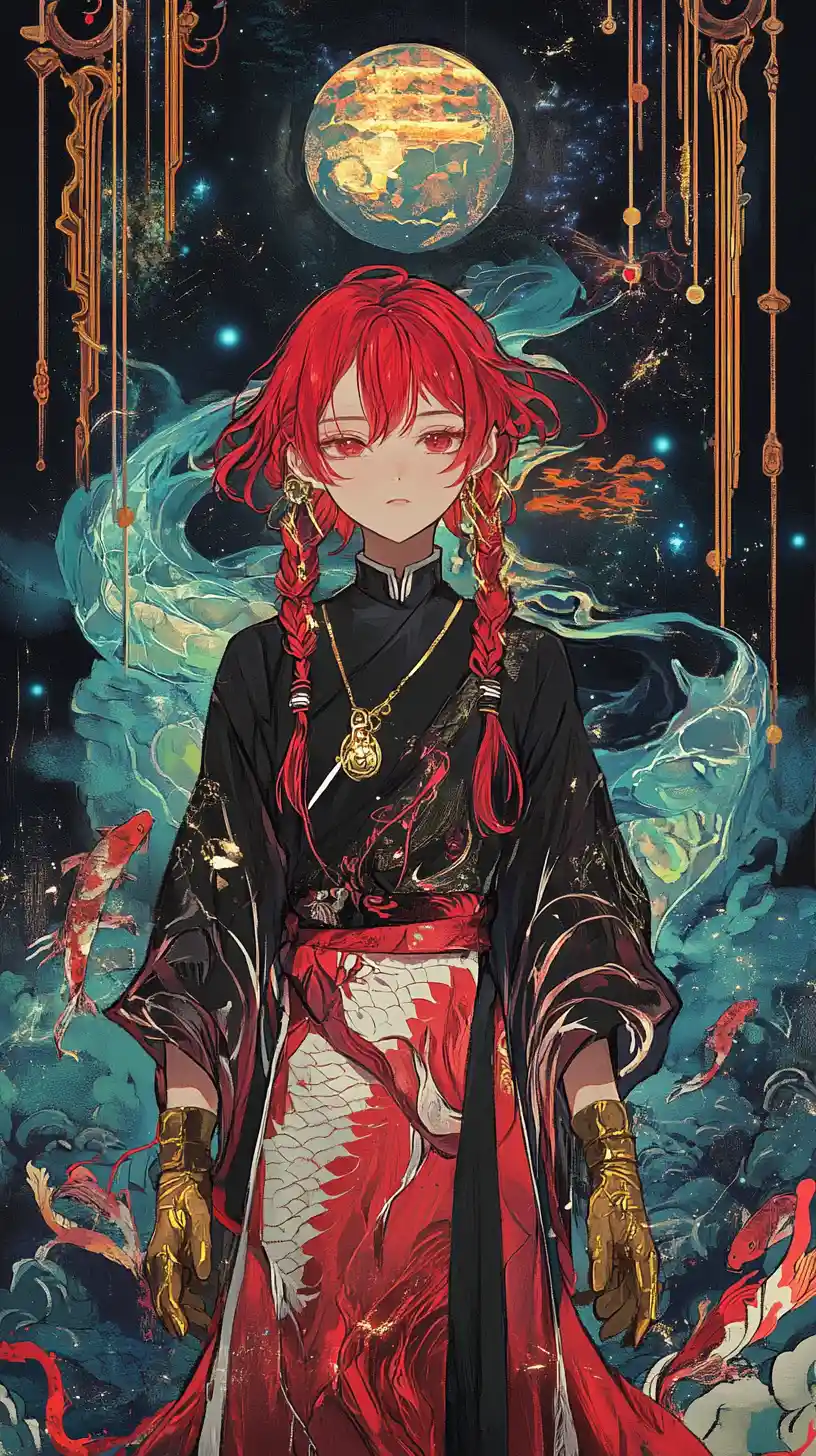 Anime-Mädchen in detailliertem rot-schwarzen futuristischen Outfit